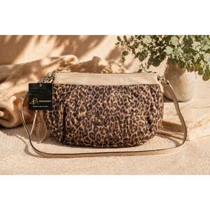 B. Makowsky Sophie Clutch Leopard Print Leather Crossbody Bag Tan‎ Bronze NWT